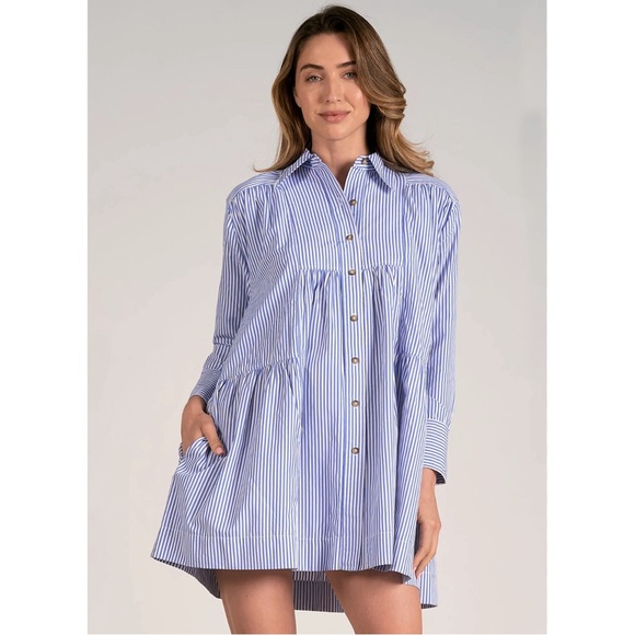Elan Stripe Long Sleeve Button Down Shirt Dress In Blue/White NWT - Picture 1 of 10